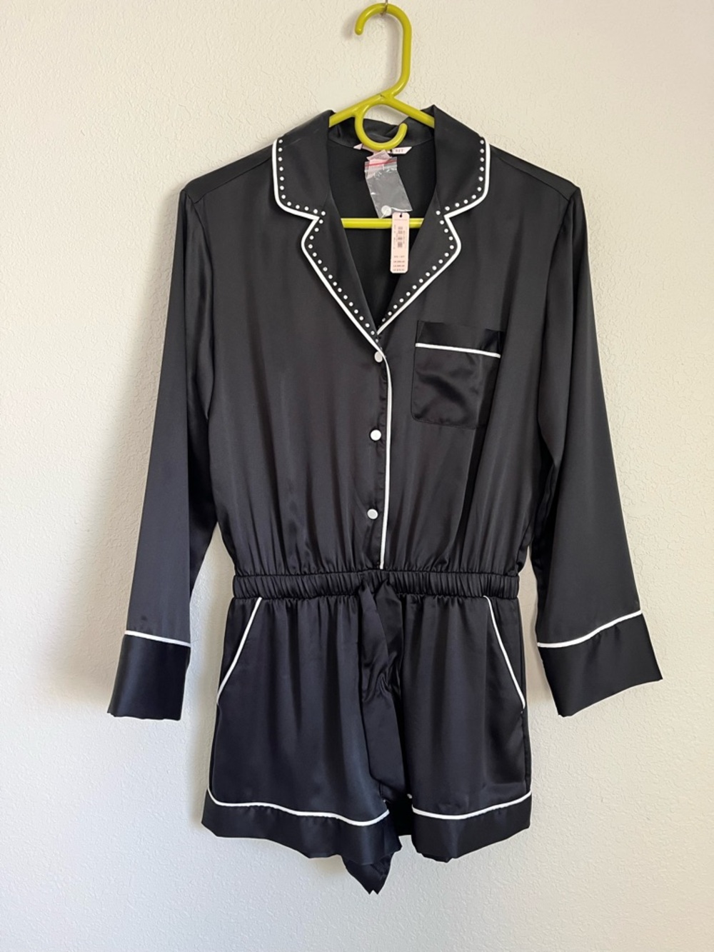 Victoria's Secret Black Satin Romper with White Piping